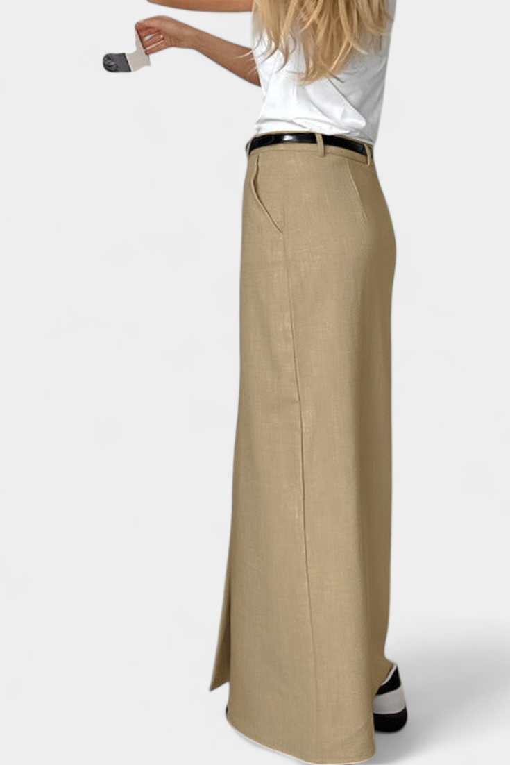 Jupe Amani Longue Taille Haute avec Fente Frontale et Coupe Droite