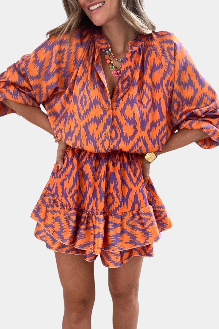 Yasmine Mono Mini avec Volants et Imprimé Ikat