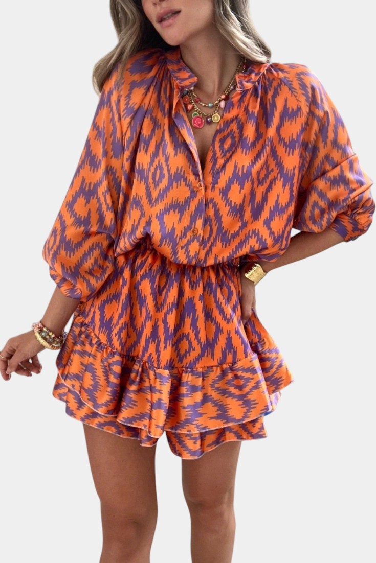 Yasmine Mono Mini avec Volants et Imprimé Ikat